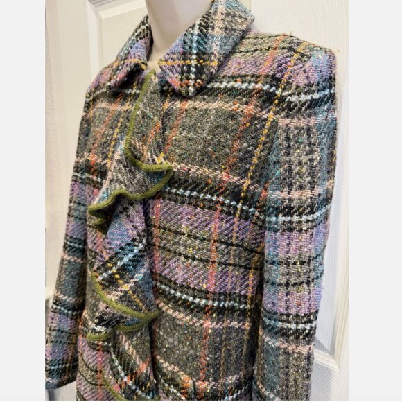 Vintage 90s Coat Moschino Tartan Plaid Multi Wool Ruffle US 10 - Picture 4 of 9